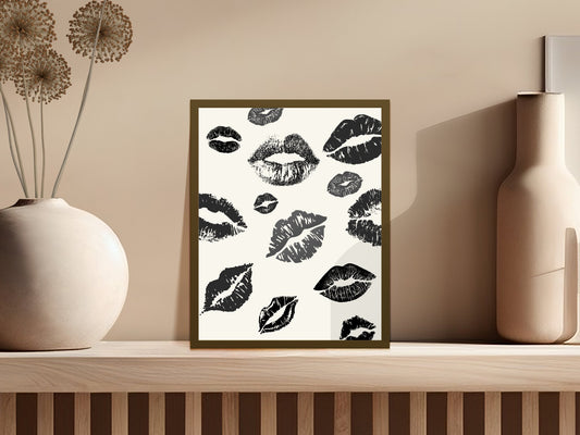 Black and White Kiss Print, Lipstick Kisses Wall Art, Modern Chic Home Decor, Fashionable Lip Art Poster