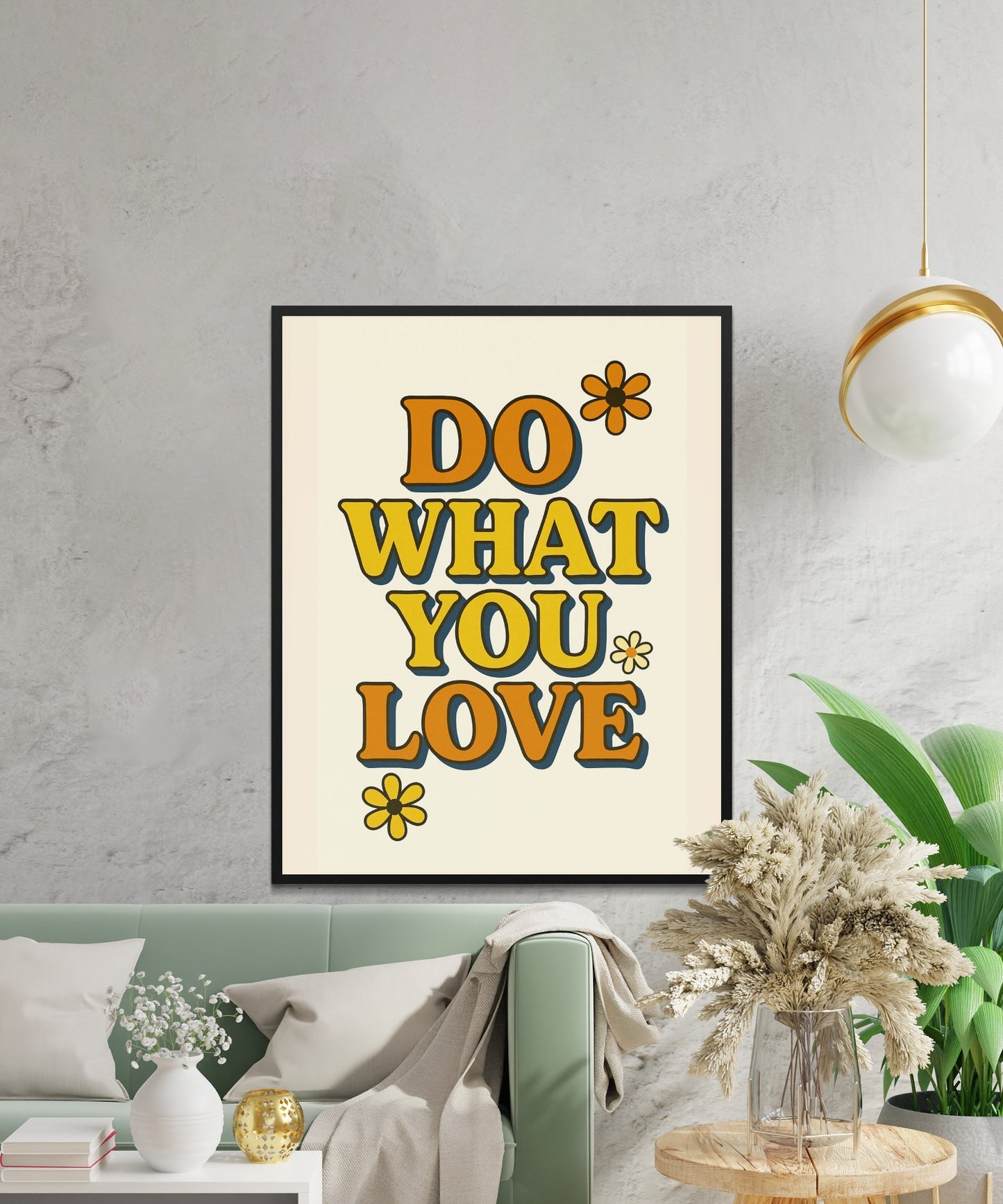Inspirational Wall Art Poster, Do What You Love Quote, Modern Home Decor, Yellow and Black Artwork, Floral Motifs