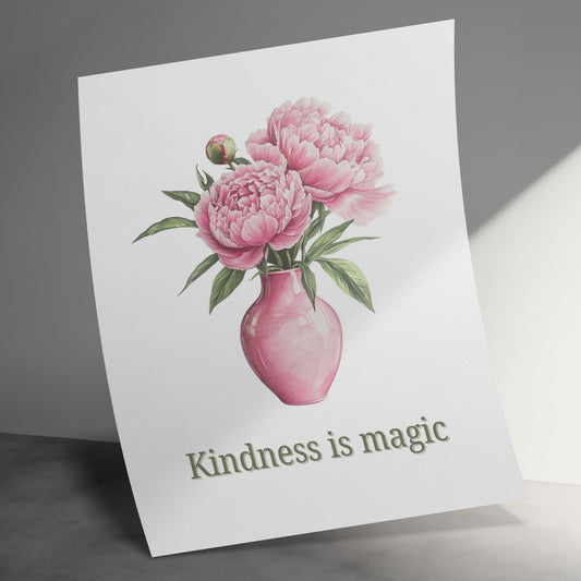 Kindness is Magic Floral Card, Pink Peony Greeting Card, Elegant Watercolor Art, Blank Inside for All Occasions.