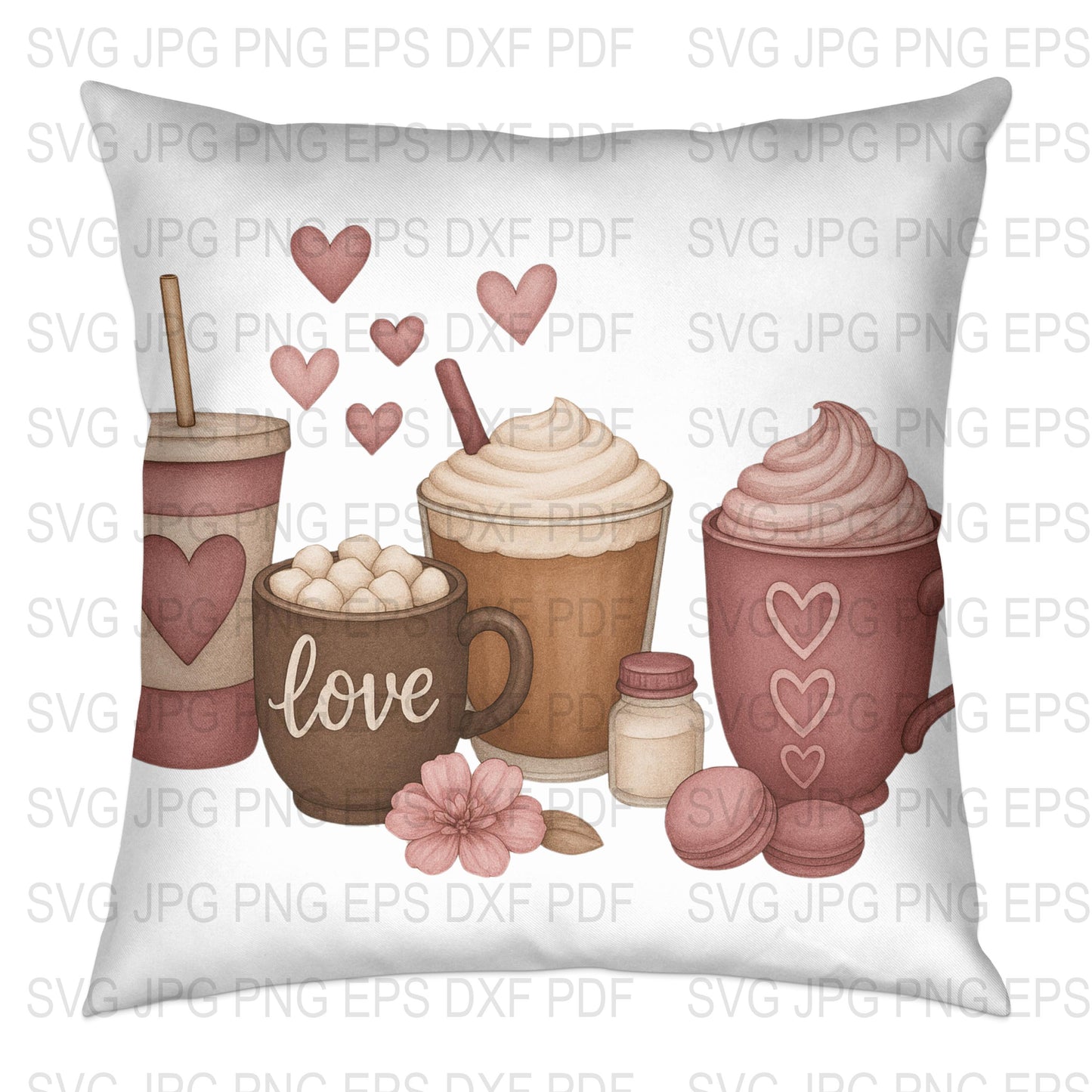 Coffee Love Digital Clipart, Cute Coffee Cups SVG, PNG, EPS, DXF Files, Valentine's Day Theme Digital Download for Crafts and Design
