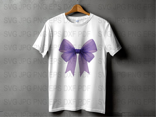 White T-Shirt with Large Purple Bow Graphic, Unisex Casual Tee, Trendy Bow Design Shirt