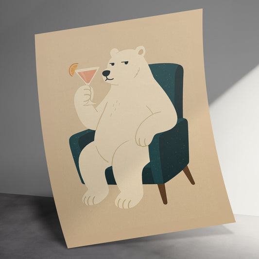 Polar Bear Art Print, Relaxing Animal Drinking Martini, Cute Wall Decor, Unique Home Decoration Illustration