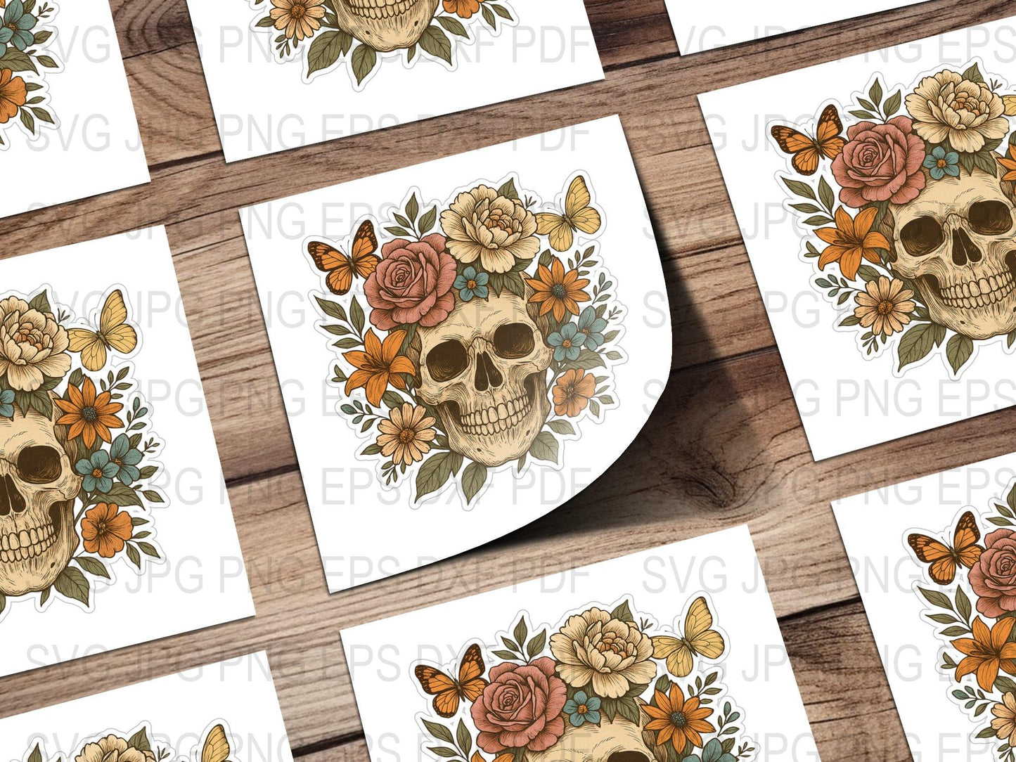 Floral Skull Clipart, Watercolor Sugar Skull, Printable Halloween Decor, Day of the Dead, Digital Download, Tattoo Design, Craft Supplies