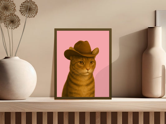 Cowboy Cat Art Print, Vintage Western Hat Feline, Whimsical Animal Wall Decor, Unique Home Decoration