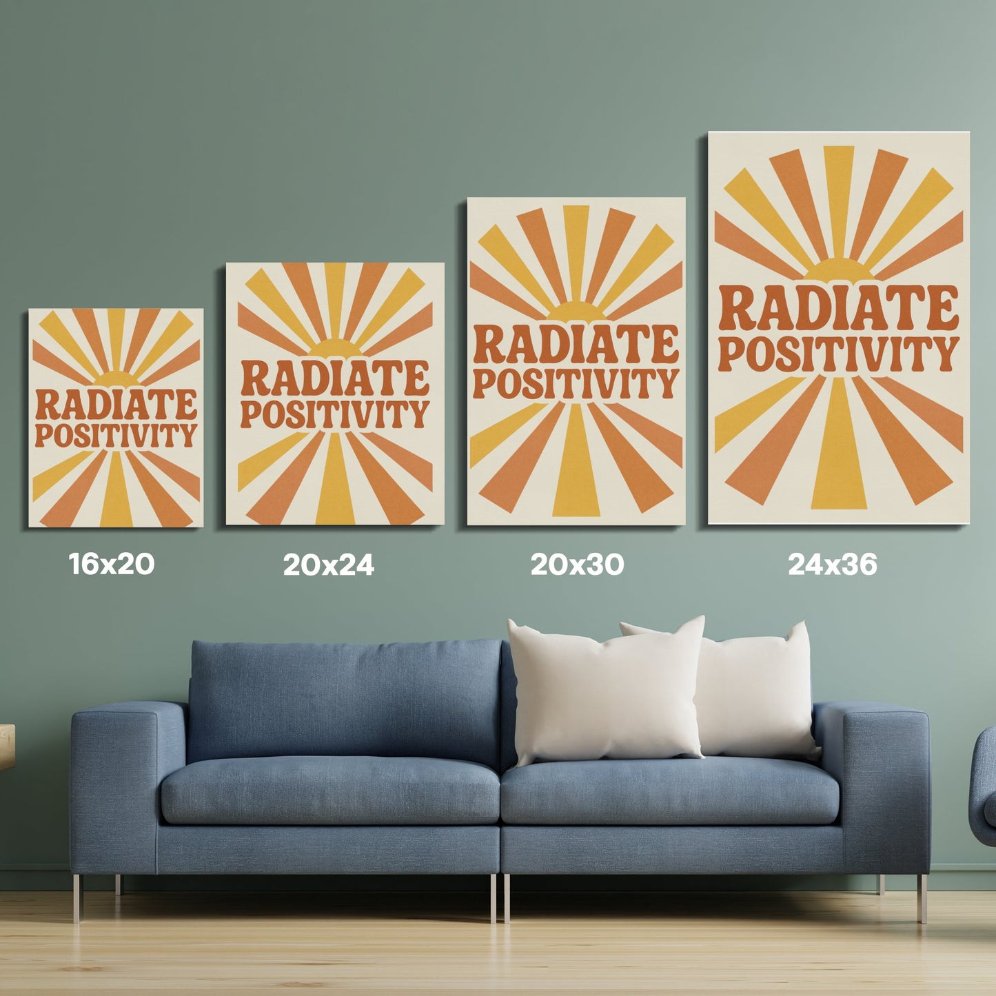 Radiate Positivity Wall Art Canvas Print, Modern Home Decor, Minimalist Typography, Multi-Size 16x20 20x24 20x30 24x36 Set