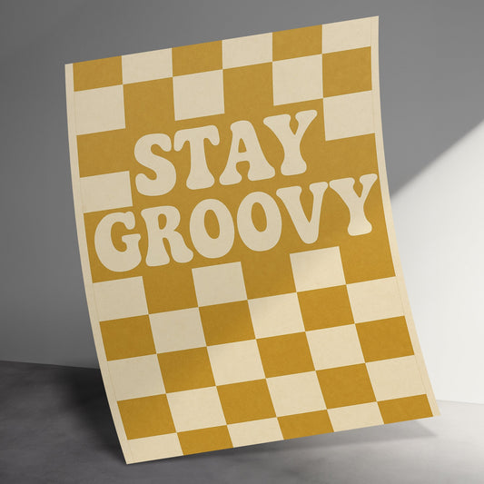 Stay Groovy Poster, Retro Checkerboard Pattern, Vintage Style Wall Art, Beige and Brown Decor