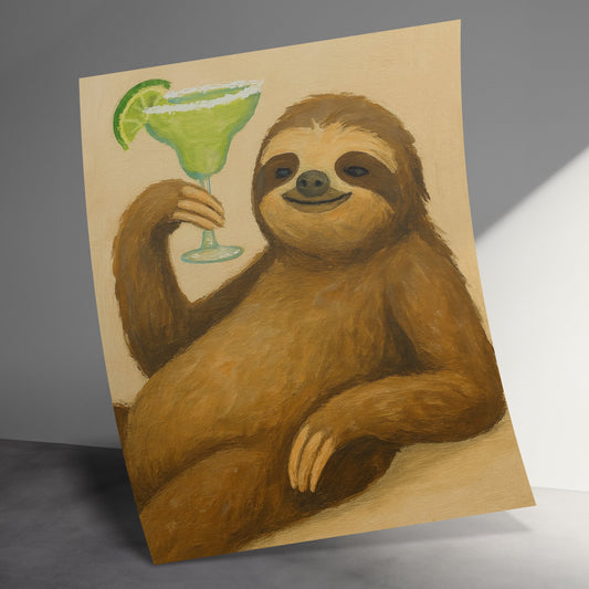 Sloth Art Print, Tropical Margarita Cocktail, Relaxing Animal Wall Art, Whimsical Home Decor, Unique Gift Idea