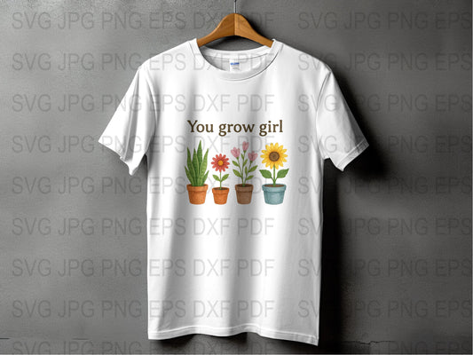 Women's White T-Shirt with Inspirational Quote and Colorful Potted Plants Graphic Design