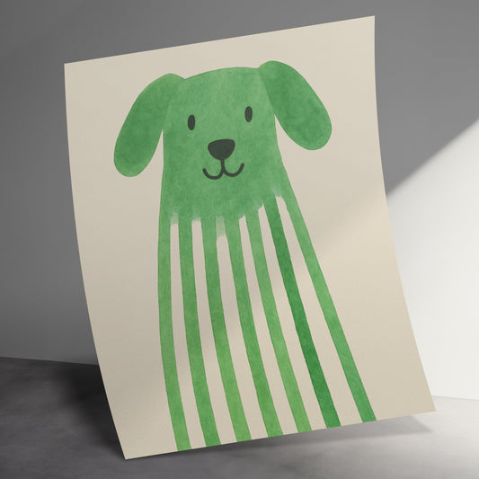 Whimsical Green Dog Illustration, Quirky Hand Painted Style Poster, Playful Nursery Art Decor