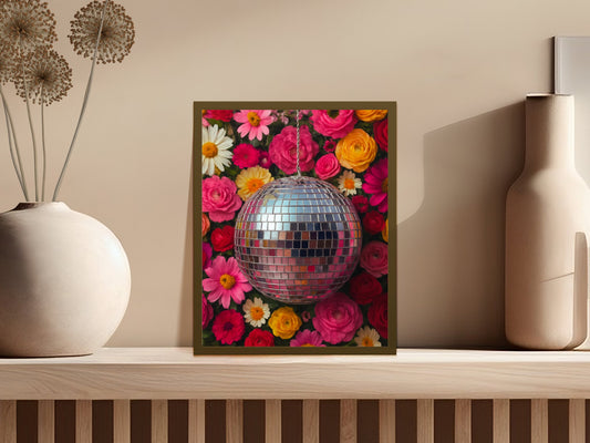 Colorful Floral Poster with Disco Ball, Vibrant Wall Art Print, Modern Home Decor, Gift Idea