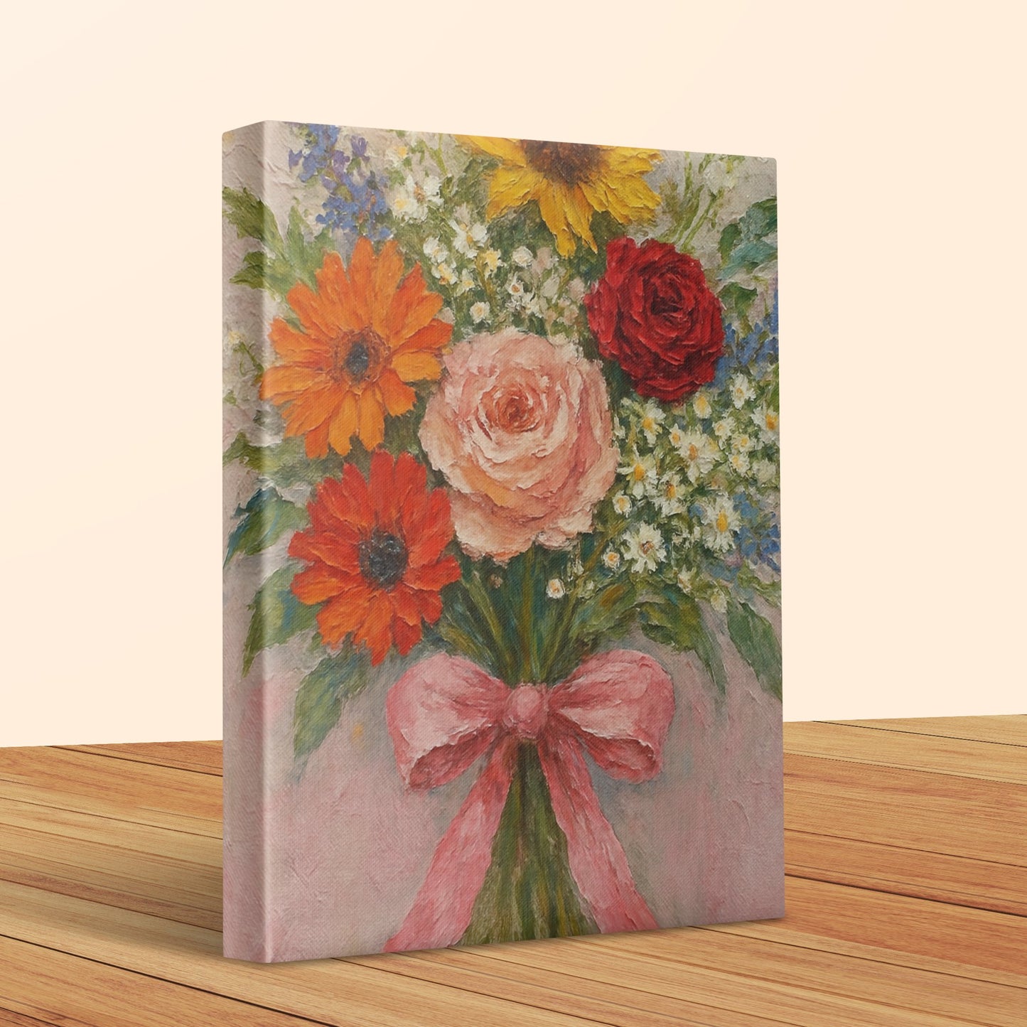 Colorful Floral Canvas Art Print, Vintage Flowers with Pink Bow, Rustic Home Decor Wall Hanging