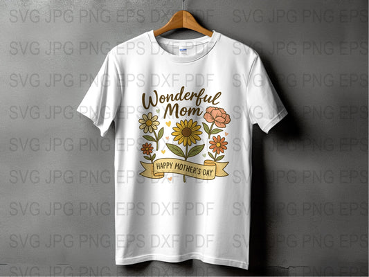 Wonderful Mom Mother's Day T-Shirt, Floral Happy Mother's Day Tee, Gift for Mom, Spring Flowers Graphic Shirt, Casual Women's Top