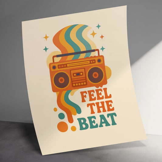 Retro Boombox Poster, Colorful Vintage Radio Art Print, Feel The Beat Wall Decor, Music Lover Gift