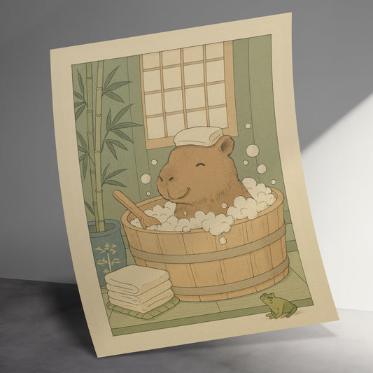 Capybara Japanese Onsen Bath Art Print, Cute Animal Relaxation Poster, Zen Wall Decor, Bamboo Illustration
