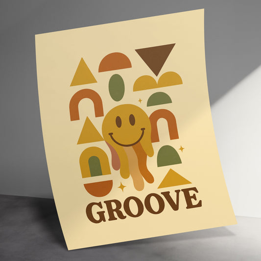 Retro Groove Poster, Vintage Smile Face, Abstract Shapes, Colorful Wall Art, Modern Home Decor, 70s Inspired Design