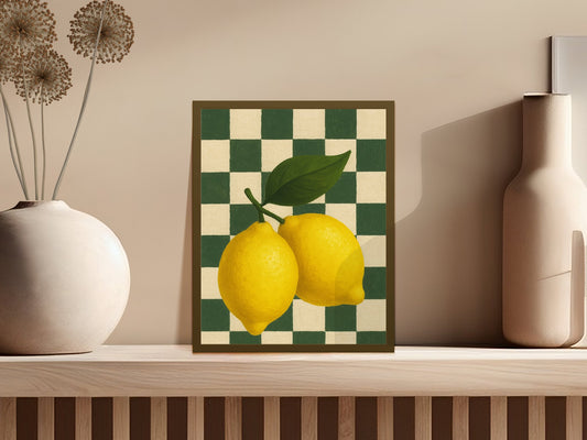 Vintage Lemon Art Print, Kitchen Wall Decor, Retro Green Checkerboard, Citrus Poster, Modern Farmhouse Style, Dining Room Artwork