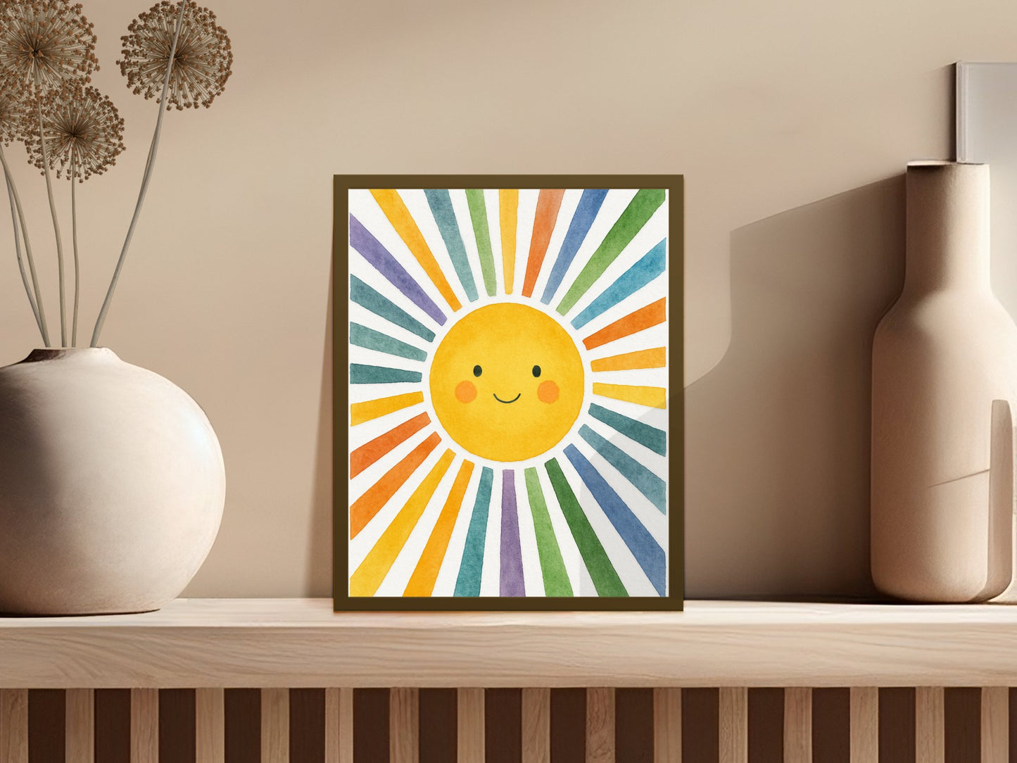 Colorful Sunburst Wall Art Print, Cute Smiling Sun Nursery Decor, Vibrant Kids Room Poster