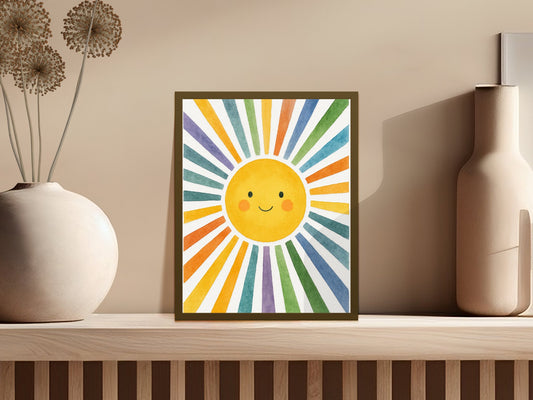 Colorful Sunburst Wall Art Print, Cute Smiling Sun Nursery Decor, Vibrant Kids Room Poster