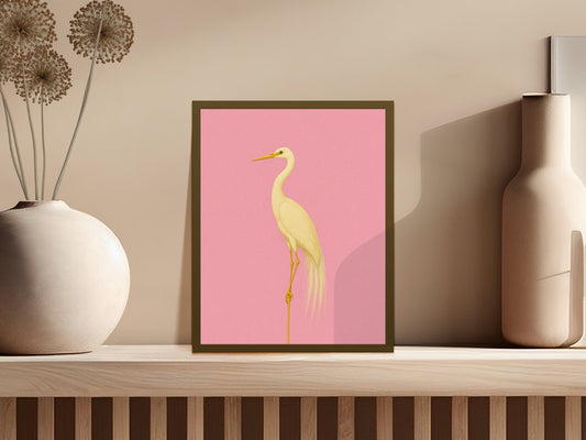 Minimalist Egret Art Print, Modern Bird Wall Decor, Pink and Gold, Elegant Home Decoration, Nature Inspired, Living Room Artwork