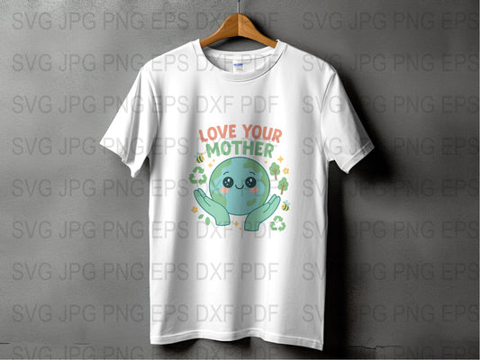 Love Your Mother Earth Day T-Shirt Cute Cartoon Planet Tee Eco-Friendly Awareness Apparel