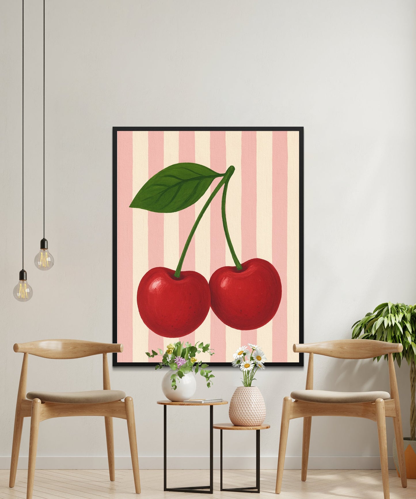 Modern Cherry Art Print, Minimalist Fruit Wall Decor, Vibrant Red Kitchen Artwork, Striped Background Illustration