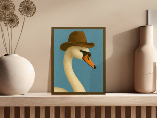 Whimsical Swan with Hat Art Print, Vintage Style Modern Home Decor, Unique Wall Artwork