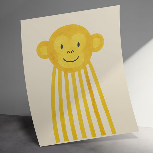 Cute Monkey Illustration Print, Yellow and White Striped Watercolor Art, Modern Animal Poster for Nursery Decor, Playful Wall Art