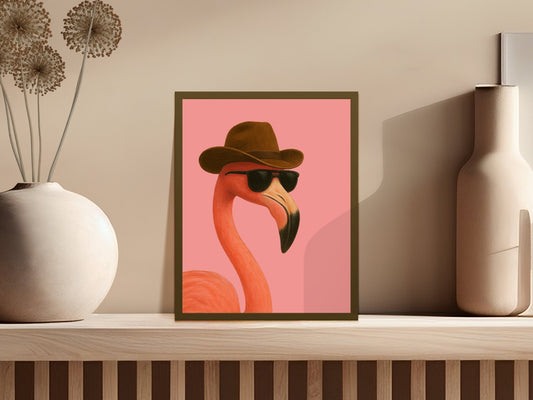 Flamingo Art Print with Hat and Sunglasses, Tropical Wall Decor, Colorful Bird Poster, Modern Home Decoration, Stylish Wall Art