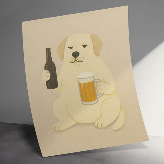Dog with Beer Art Print, Cute Cartoon Labrador Poster, Funny Animal Drinking Beer Wall Decor, Pet Illustration, Home Bar Artwork