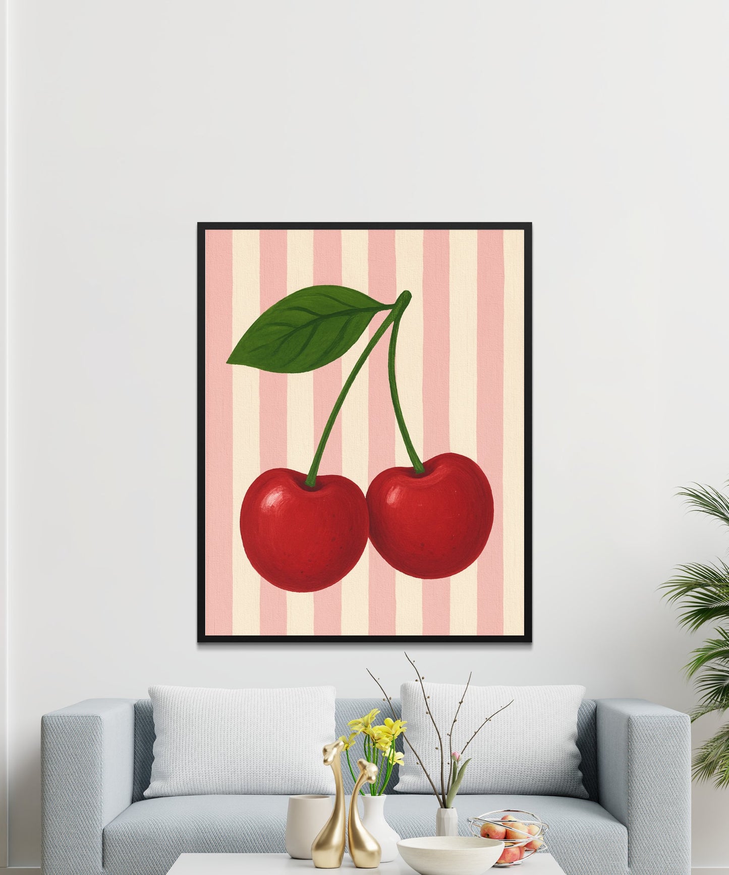 Cherry Wall Art Print, Modern Kitchen Decor, Red Fruit Poster, Striped Background, Minimalist Dining Room Decoration