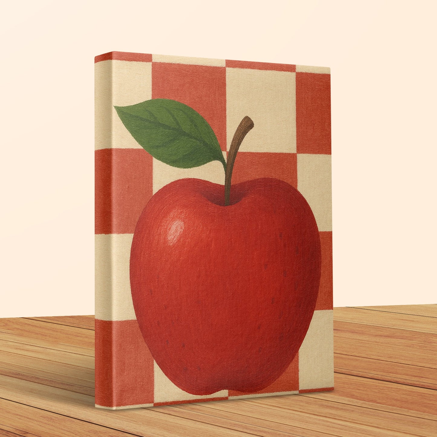 Vintage Apple Art Book Cover, Retro Fruit Design, Checkered Pattern, Rustic Kitchen Decor, Unique Gift Idea