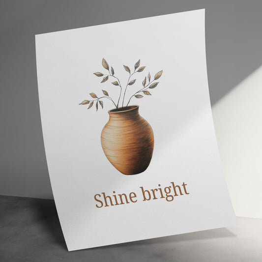 Shine Bright Minimalist Poster, Modern Vase with Leaves Wall Art, Elegant Home Decor Print