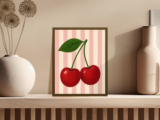 Cherry Art Print, Vintage Style Red Cherries Poster, Kitchen Wall Decor, Retro Stripe Background, Fruit Illustration