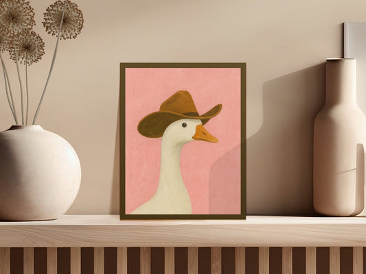 Vintage Cowboy Duck Illustration Art Print, Quirky Farm Animal Poster, Whimsical Western Decor