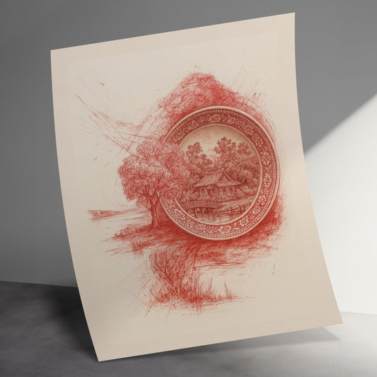 Vintage Red Etching Art Print, Traditional Asian Landscape, Decorative Wall Art, Unique Home Decor