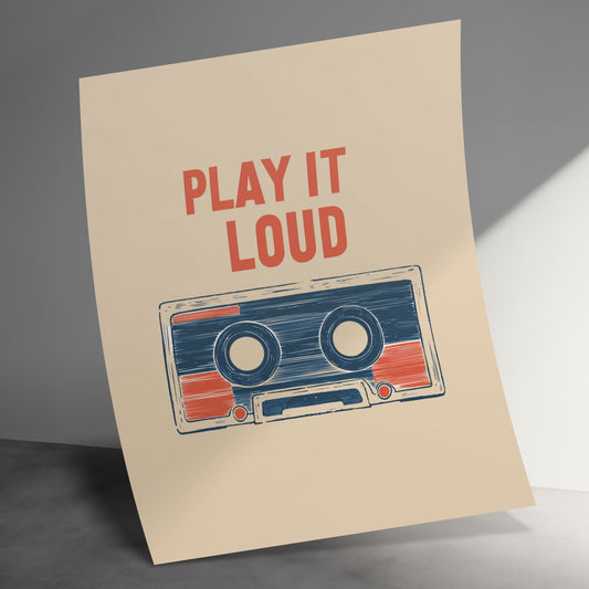 Vintage Cassette Tape Poster, Play It Loud Retro Music Wall Art, Colorful Dorm Room Decor, Unique Gift for Music Lovers