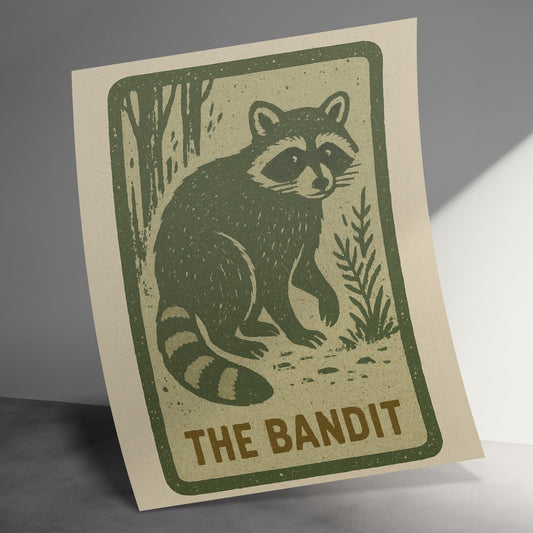 Vintage Raccoon Print, Rustic Woodland Animal Wall Art, Handmade Linocut, Nature-Inspired Home Decor, Unique Gift Idea