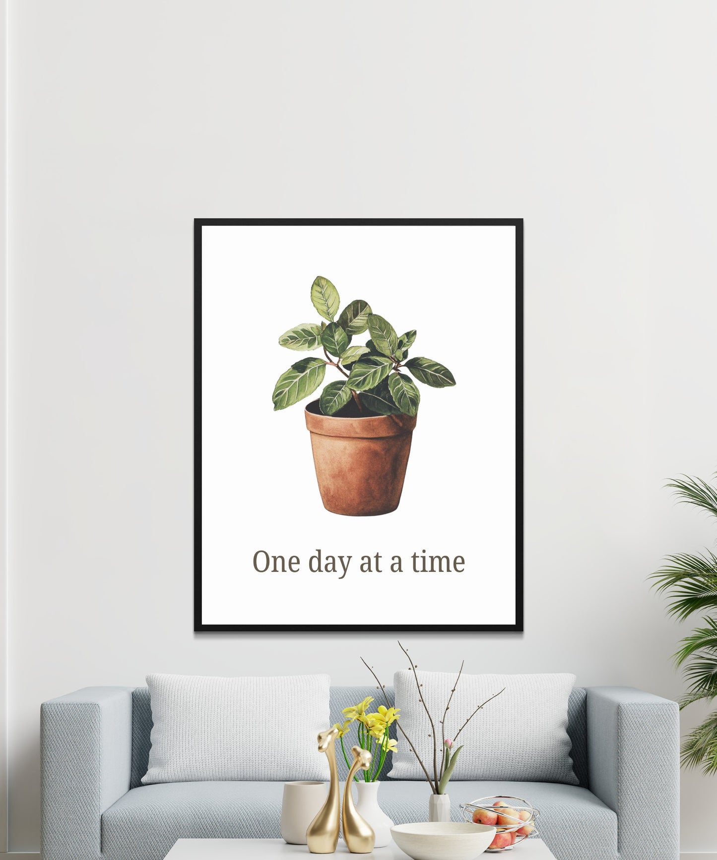 Botanical Art Print, One Day at a Time, Inspirational Quote, Living Room Wall Decor, Minimalist Plant Poster, Modern Home Art