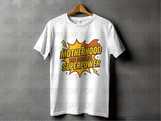 Motherhood Superpower T-Shirt, Comic Style Graphic Tee, Original Superpower Shirt, Gift for Moms, Casual White Women's Top