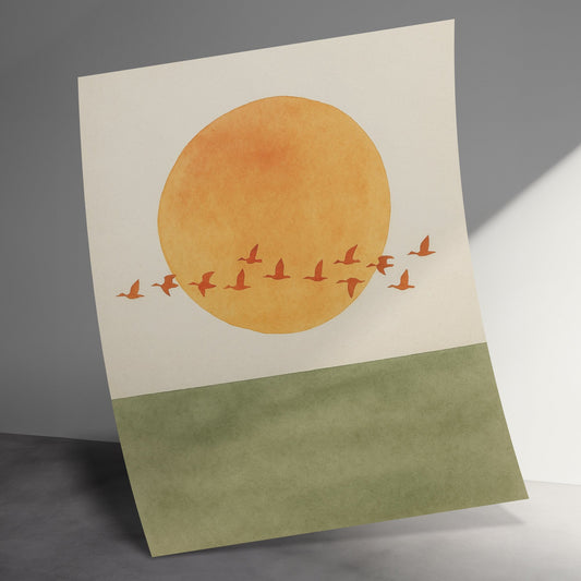 Abstract Sunset Birds Art Print, Minimalist Orange Circle Wall Decor, Modern Home Office Artwork