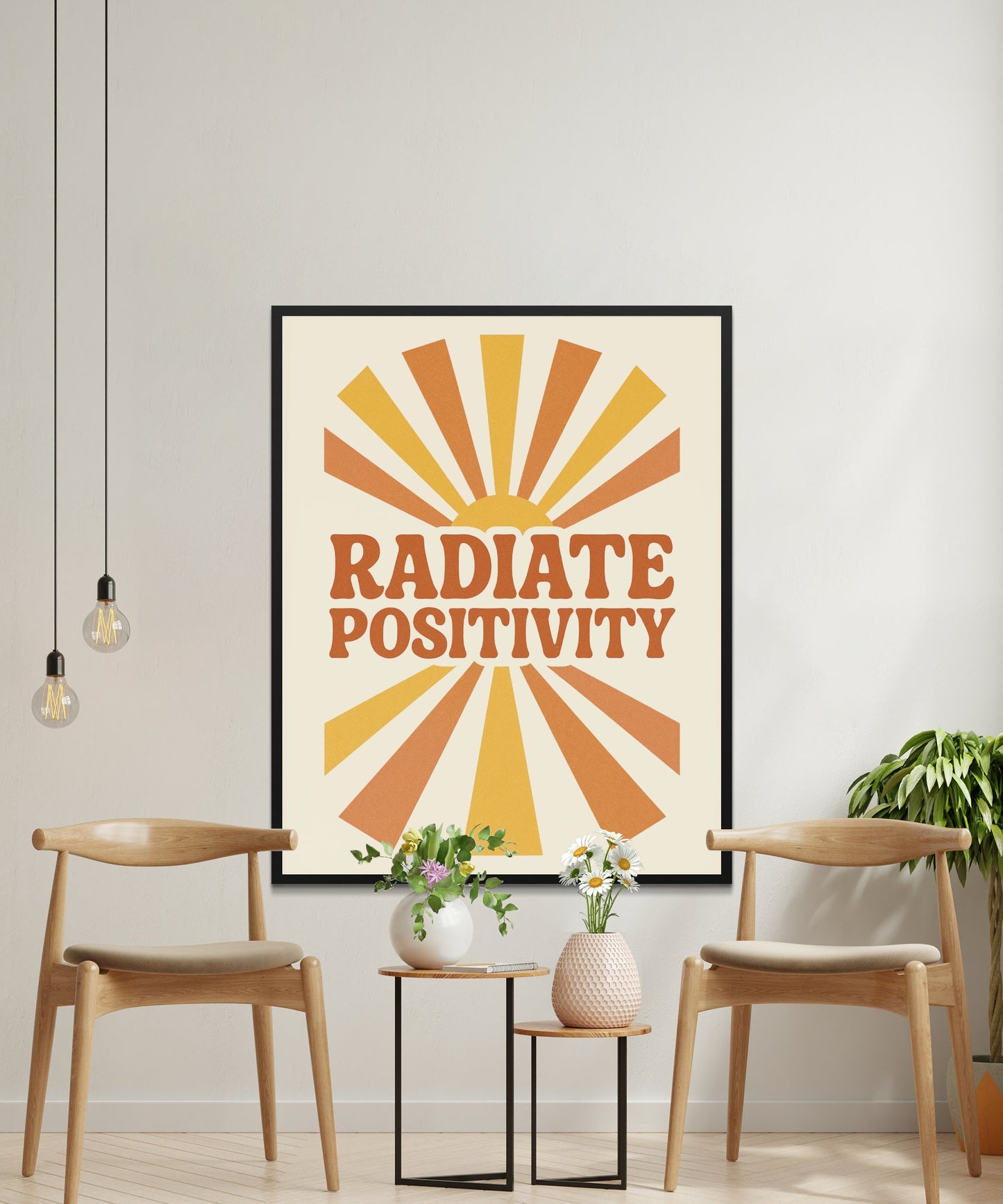 Radiate Positivity Wall Art, Inspirational Quote Poster, Modern Home Decor, Bright Sunburst Print, Living Room Artwork, Office Decor