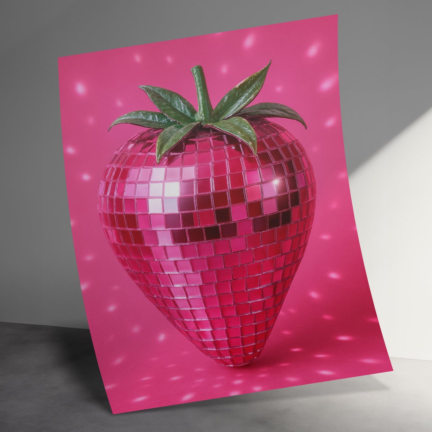 Large Pink Strawberry Art Print, Modern Fruit Wall Decor, Kitchen Artwork, Unique Dining Room Poster, Colorful Home Interior Design