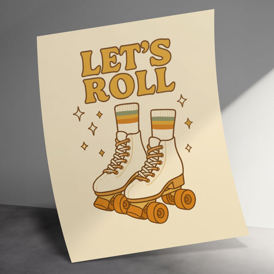 Let's Roll Roller Skates Art Print, Vintage Style Skating Poster, Retro Roller Derby Decor, Gift for Skaters