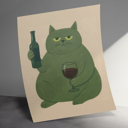 Fat Cat Art Print, Chubby Cat with Wine Bottle and Glass, Quirky Cat Lover Gift, Unique Home Decor Wall Art