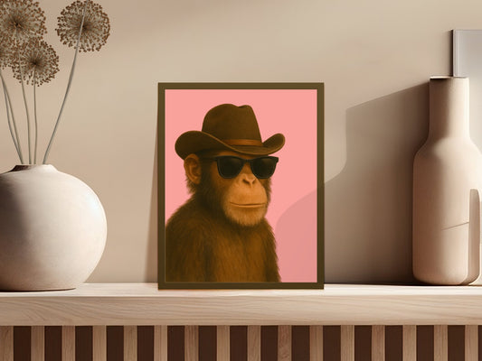 Cool Monkey in Hat and Sunglasses Art Print, Modern Wall Decor, Trendy Animal Illustration
