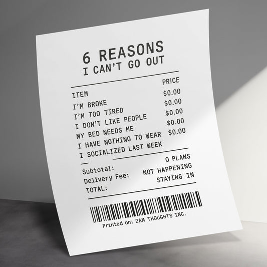 Humorous Home Decor Print, 6 Reasons I Can't Go Out, Funny Wall Art, Introvert Gift, Unique Living Room Poster, Minimalist Style