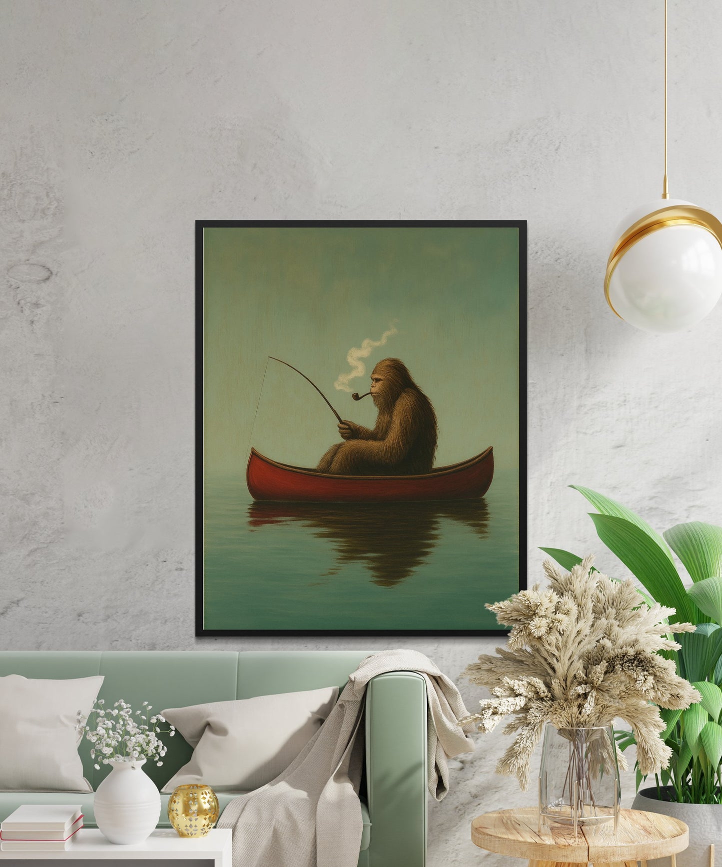 Surreal Fishing Baboon Art Print, Wall Art Decor, Unique Living Room Illustration, Modern Home Decor, Framed Artwork