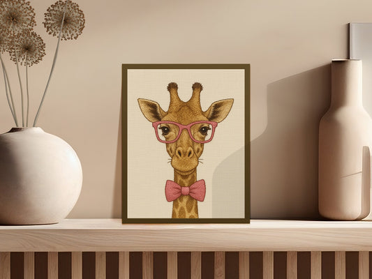 Cute Giraffe Art Print with Glasses, Hipster Giraffe Wall Decor, Animal Illustration, Nursery Room Poster, Unique Home Decoration