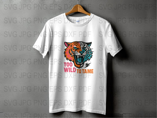 Tiger Graphic T-Shirt, Colorful Too Wild To Tame Slogan, Unisex Fashion Tee, Trendy Animal Print Top