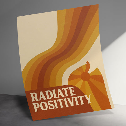 Radiate Positivity Poster, Vintage Waves Design, Retro Office Decor, Inspirational Wall Art, Brown and Orange Color Palette